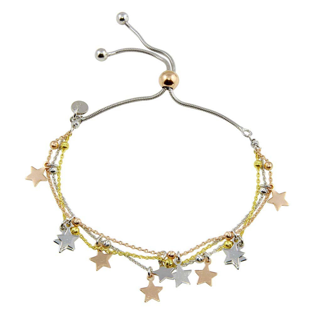 Sterling Silver Three Toned Plated Multi Chain Star Beaded Lariat Bracelet