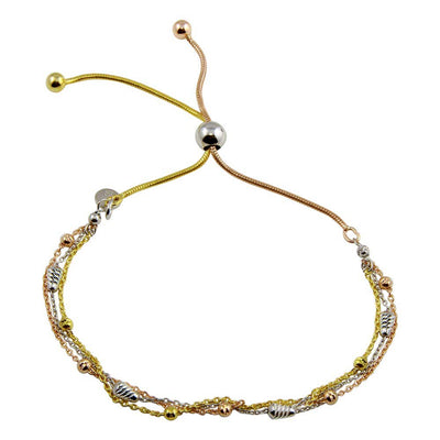 Sterling Silver Three Toned Plated Multi Chain Bar And Bead Lariat Bracelet