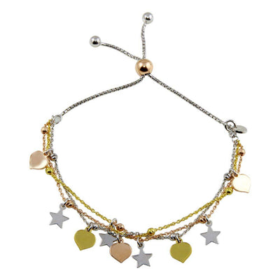 Sterling Silver Three Toned Plated Multi Chain Stars Leaves Beaded Lariat Bracelet
