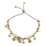 Sterling Silver Three Toned Plated Multi Chain Stars Leaves Beaded Lariat Bracelet