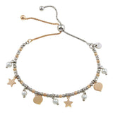 Sterling Silver Two Toned Plated Multi Chain Stars Leaves Beaded Lariat Bracelet
