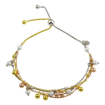 Sterling Silver Three Toned Plated Multi Chain Sythetic Pearl Beaded Lariat Bracelet