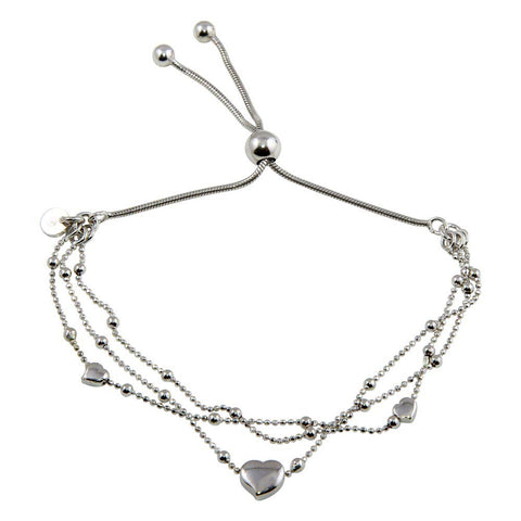 Sterling Silver Three Toned Plated Multi Chain Hearts Beaded Lariat Bracelet