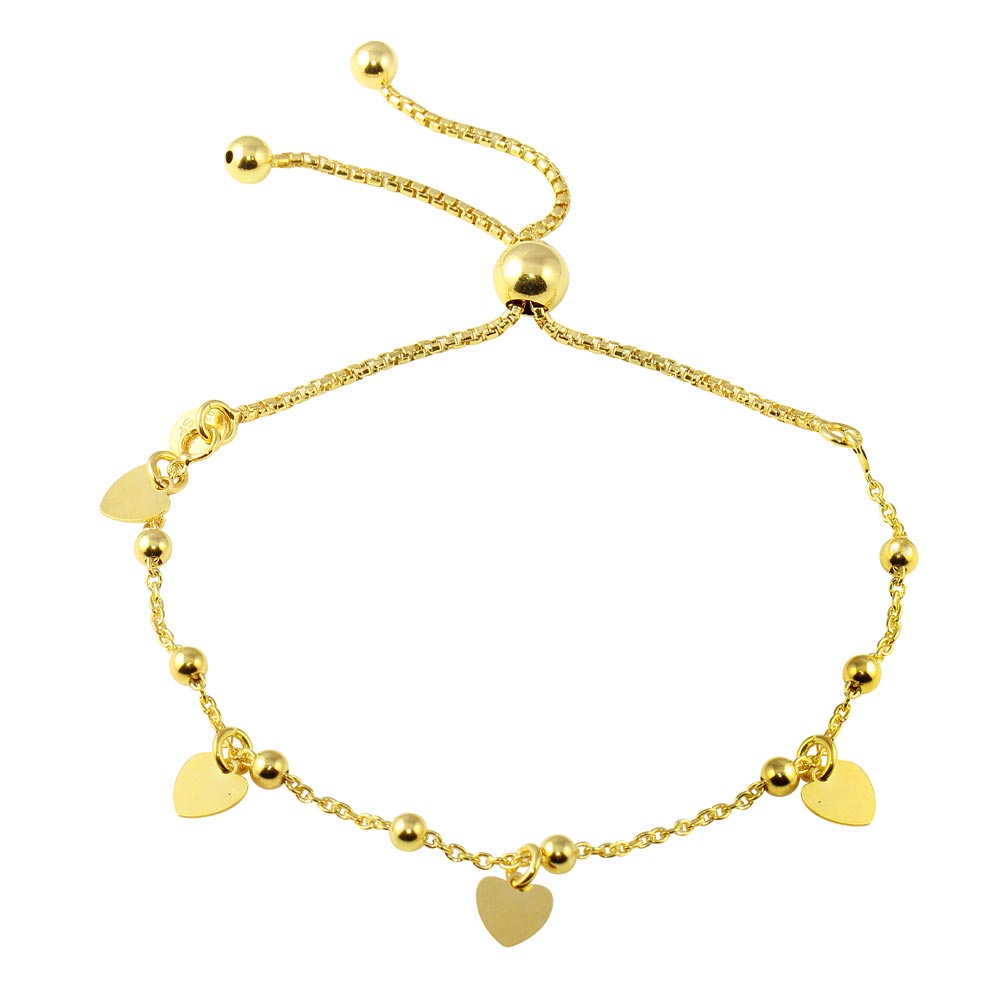 Sterling Silver Gold Plated Box Chain Multi Heart and Bead Lariat Bracelet