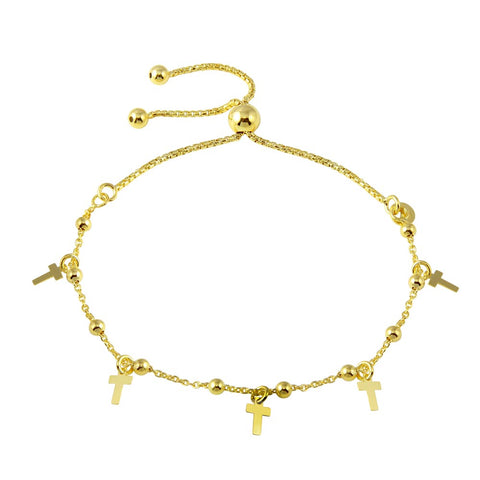 Sterling Silver Gold Plated Box Chain Bead and Cross Lariat Bracelet