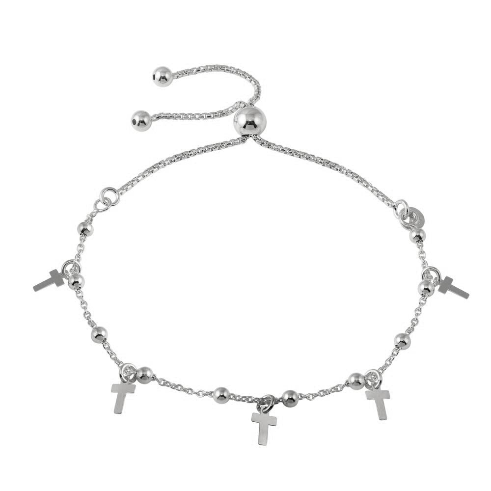 Sterling Silver Rhodium Plated Box Chain Bead and Cross Lariat Bracelet