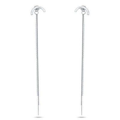 Sterling Silver Rhodium Plated Multi Herringbone Dangling Crescent Stud Earrings