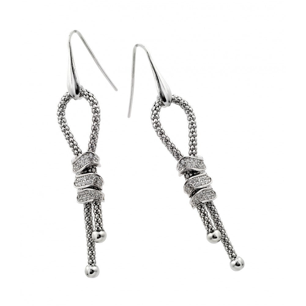Sterling Silver Rhodium Plated Dangling Ribbon Hook Earrings with 3 Rectangular Paved CZ InlayAnd Earring Dimensions of 71MMx10.75MM