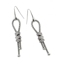 Load image into Gallery viewer, Sterling Silver Rhodium Plated Dangling Ribbon Hook Earrings with 3 Rectangular Paved CZ InlayAnd Earring Dimensions of 71MMx10.75MM