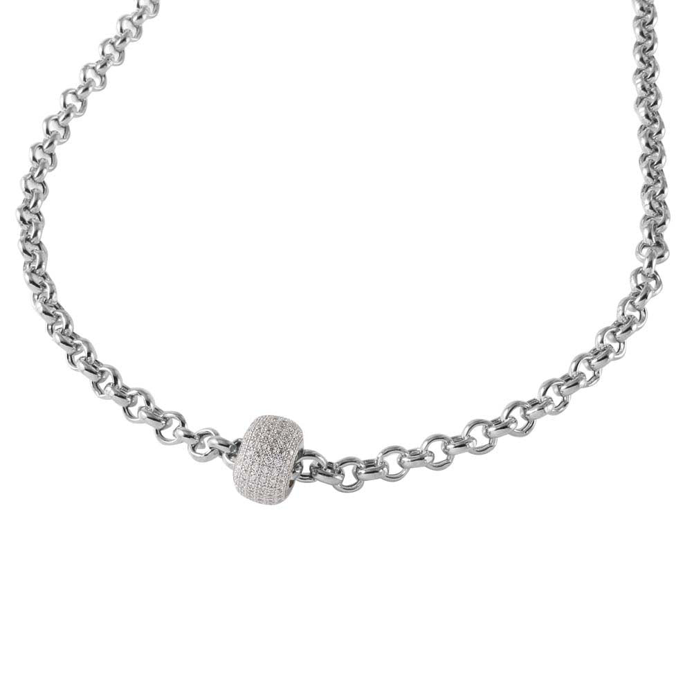 Sterling Silver Stylish Rhodium Plated Rolo Chain Necklace with Micro Pave Cz Round PendantAnd Lobster Clasp ClosureAnd Length of 17