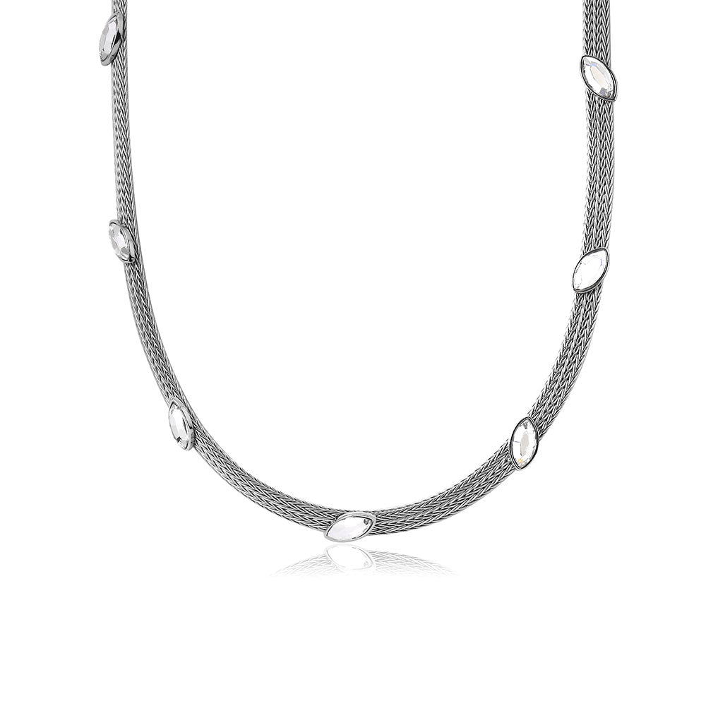 Sterling Silver Rhodium Plated Italian Necklace With Marquise Stone Crystals