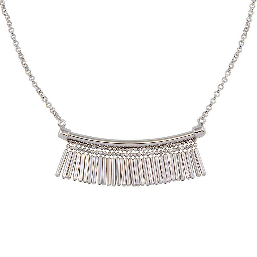 Sterling Silver Rhodium Plated Bar With Tassels Necklace