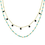 Sterling Silver Gold Plated Double Chain Dangling Black CZ with Turquoise Beads