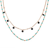 Sterling Silver Rose Gold Plated Double Chain Dangling Black CZ with Turquoise Beads