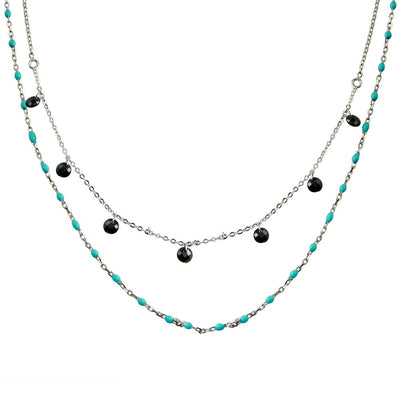 Sterling Silver Rhodium Plated Double Chain Dangling Black CZ with Turquoise Beads