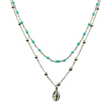 Load image into Gallery viewer, Sterling Silver Rhodium Plated Double Chain Medallion Charm Turquoise Beads Necklace