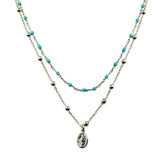 Sterling Silver Rhodium Plated Double Chain Medallion Charm Turquoise Beads Necklace