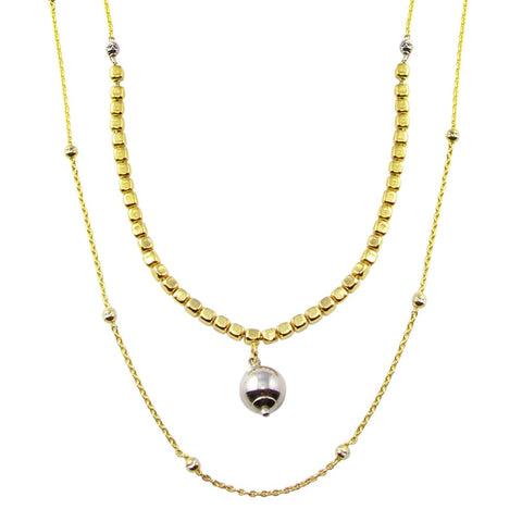 Sterling Silver Gold Plated Multi Chain Cube and Bead Necklace