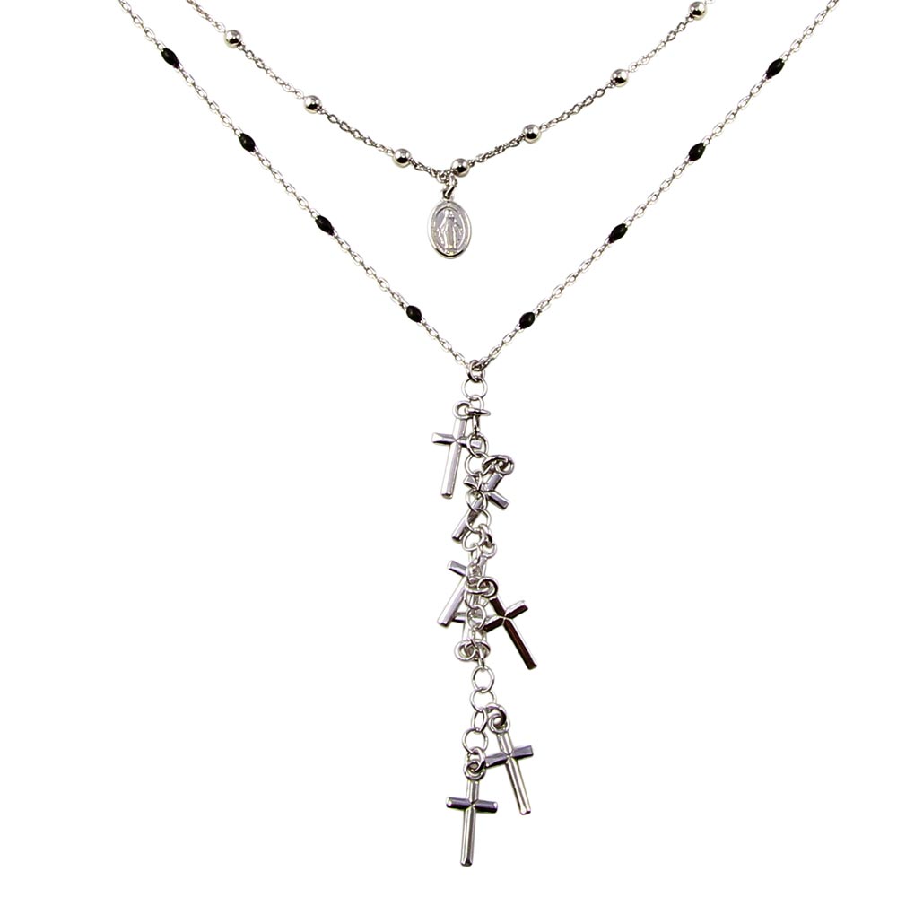 Sterling Silver Rhodium Plated Dangling Crosses Enamel Bead Necklace