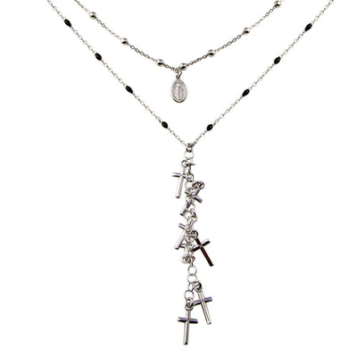Sterling Silver Rhodium Plated Dangling Crosses Enamel Bead Necklace