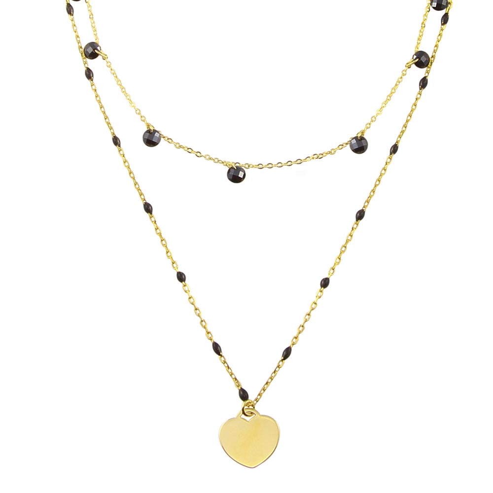 Sterling Silver Gold Plated Multi Chain Black CZ Enamel Beaded Heart Necklace