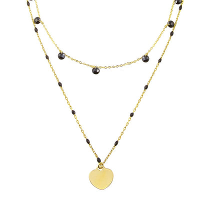 Sterling Silver Gold Plated Multi Chain Black CZ Enamel Beaded Heart Necklace