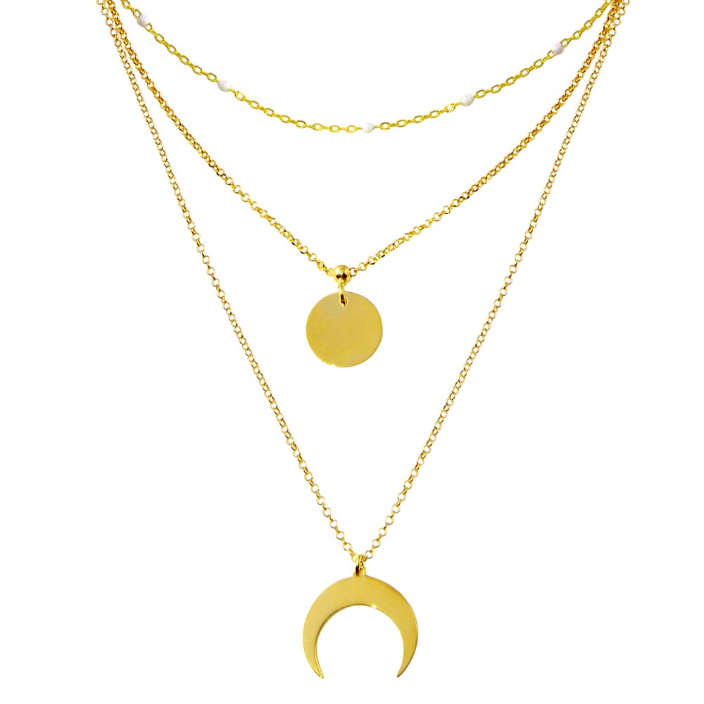 Sterling Silver Gold Plated Multi Chain White Enamel Beaded Disc and Crescent Necklace