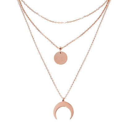 Sterling Silver Rose Gold Plated Multi Chain White Enamel Beaded Disc and Crescent Necklace