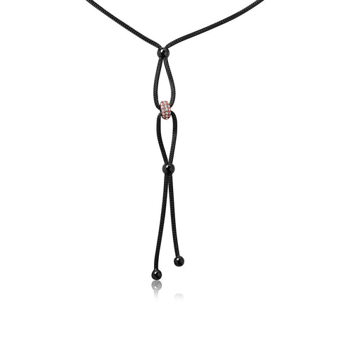 Sterling Silver Black Rhodium Interlock With CZ Encrusted Rose Gold Plated Loop Italian .925 Necklace