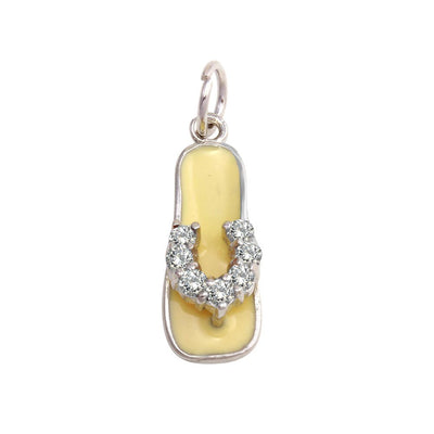 Sterling Silver Rhodium Plated White Enamel Clear CZ Sandal Pendant