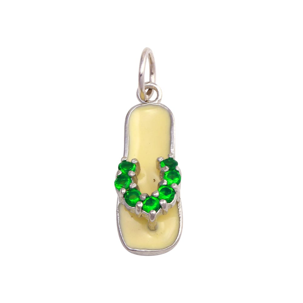 Sterling Silver Rhodium Plated White Enamel Green CZ Sandal Pendant