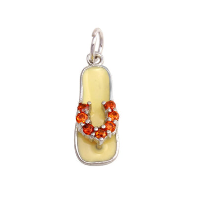 Sterling Silver Rhodium Plated White Enamel Orange CZ Sandal Pendant