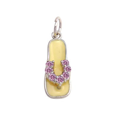 Sterling Silver Rhodium Plated White Enamel Pink CZ Sandal Pendant