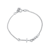 Sterling Silver Rhodium Plated Three Diamond Cut Bead Cross Bracelet