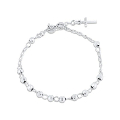 Sterling Silver Rhodium Plated Diamond Cut Bead Cross Rosary Bracelet