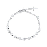 Sterling Silver Rhodium Plated Diamond Cut Bead Cross Rosary Bracelet