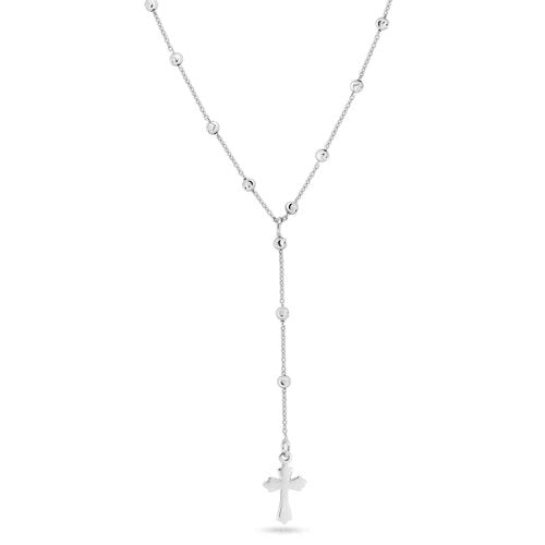 Sterling Silver Rhodium Plated Beaded Rosary Necklace