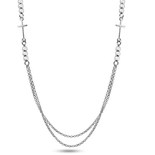 Sterling Silver Rhodium Plated Multi Chain Beaded Cross Necklace