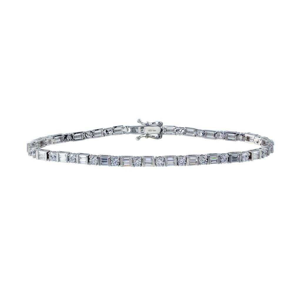 Sterling Silver Rhodium Plated Round And Square CZ Tennis Bracelet