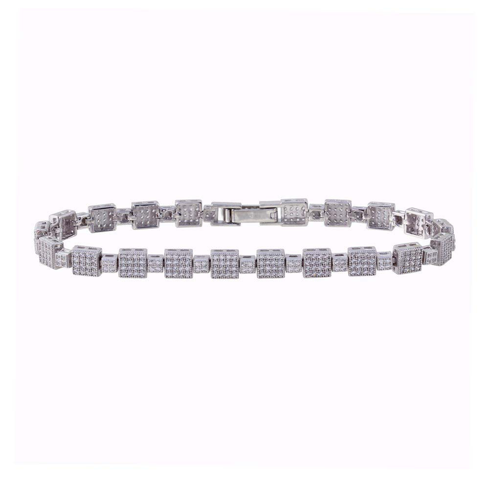 Sterling Silver Rhodium Plated Square Micro Pave Link CZ Tennis Bracelet