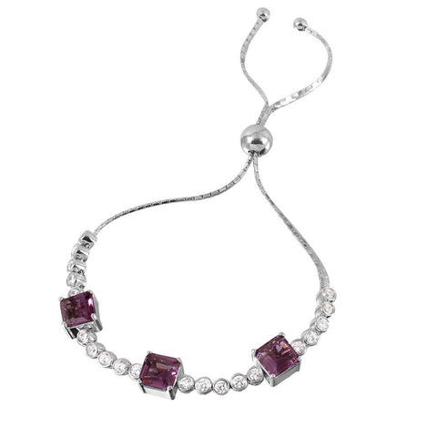 Sterling Silver Rhodium Plated Violet Color CZ Adjustable Bracelet