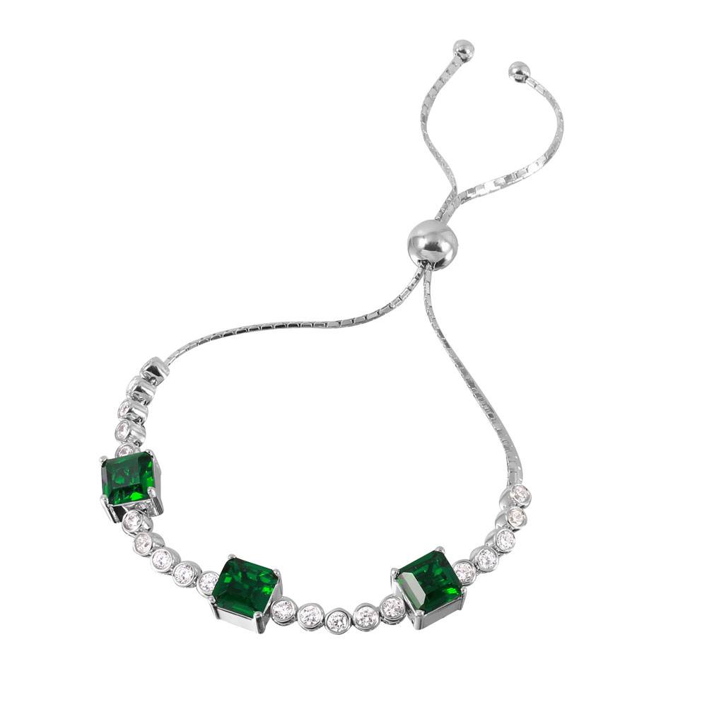 Sterling Silver Rhodium Plated Green Color CZ Adjustable Bracelet