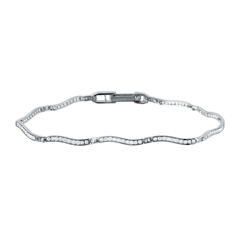 Sterling Silver Rhodium Plated Minimal Design Wavy CZ Inlay Bracelet