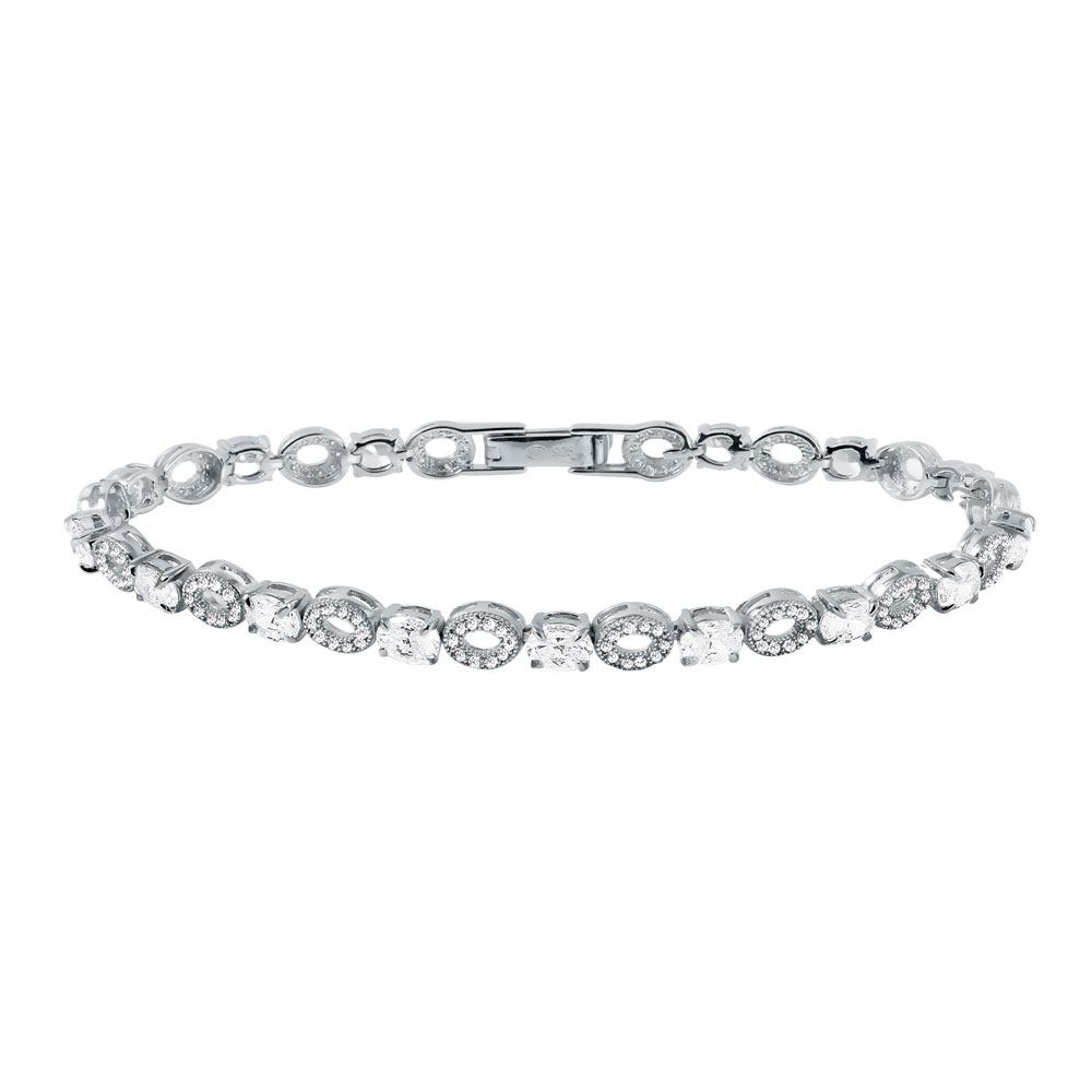 Sterling Silver Rhodium Plated Fancy Round Clear Cz and Pave Open Circle Link Bracelet with Box Clasp ClosureAnd Bracelet Length of 7.5  Width: 5MM