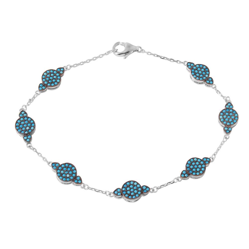 Sterling Silver Rhodium Plated Fancy Small Round Turquoise Stones Link Charms Bracelet with Lobster Clasp ClosureAnd Bracelet Length of 7.5  Width: 6MM