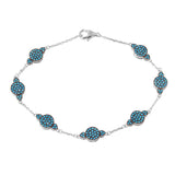 Sterling Silver Rhodium Plated Fancy Small Round Turquoise Stones Link Charms Bracelet with Lobster Clasp ClosureAnd Bracelet Length of 7.5  Width: 6MM