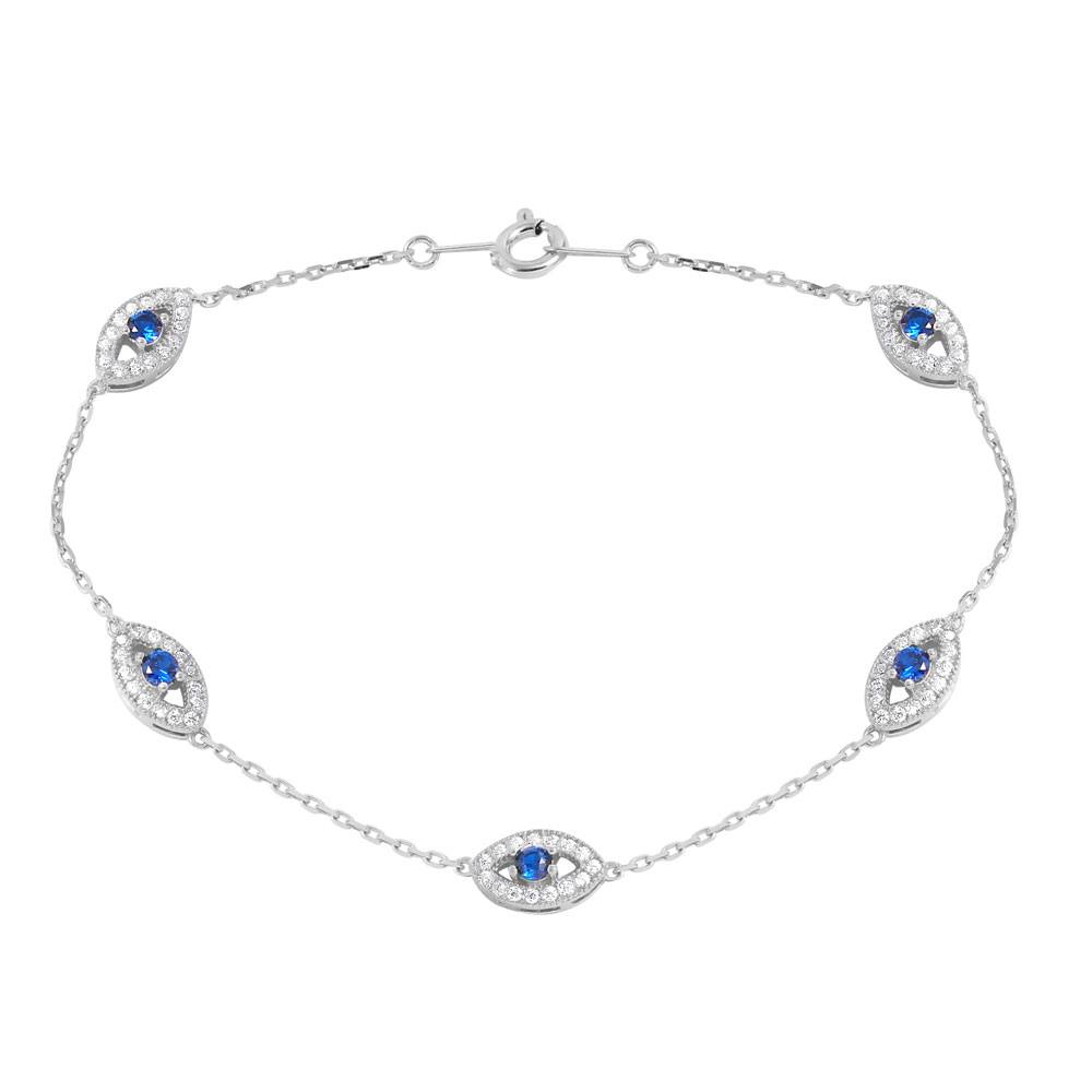 Sterling Silver Rhodium Plated Small Round Evil Eye Chain Bracelet
