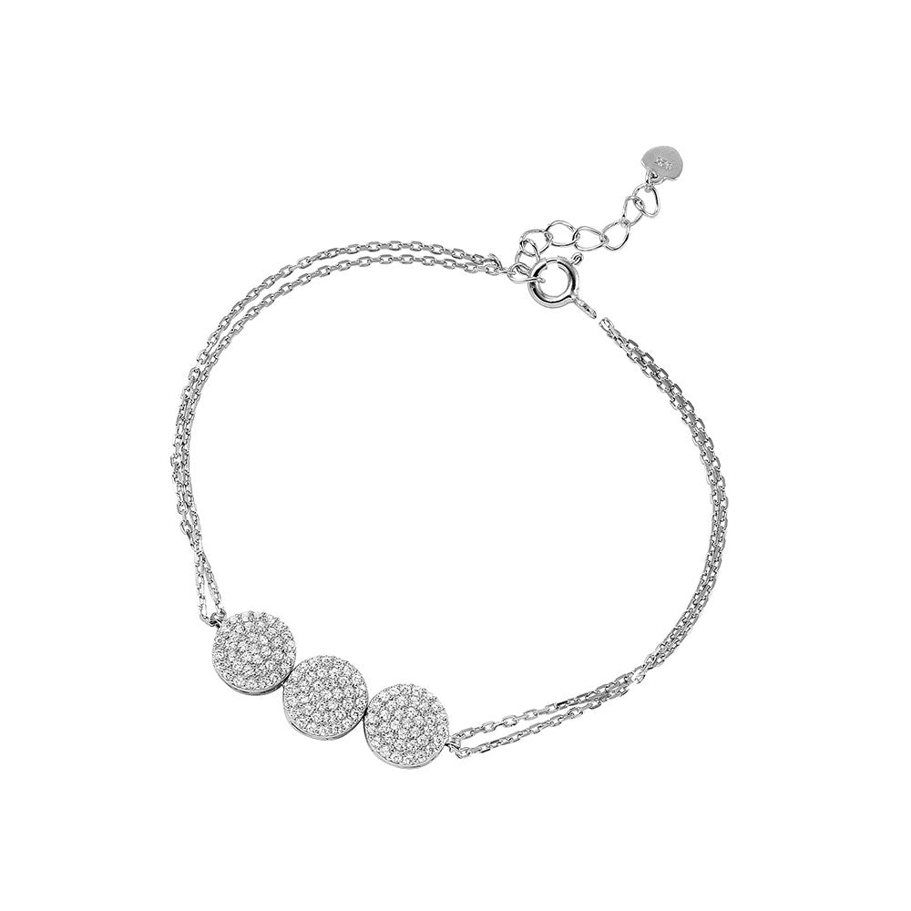 Sterling Silver Rhodium Plated 3 Circle Design Bracelet Encrushed With CZ Stones