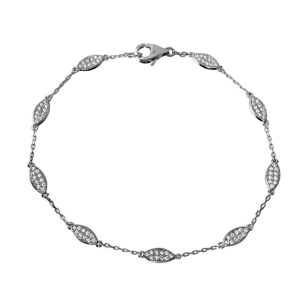 Sterling Silver Rhodium Plated CZ Teardrop Link Bracelet