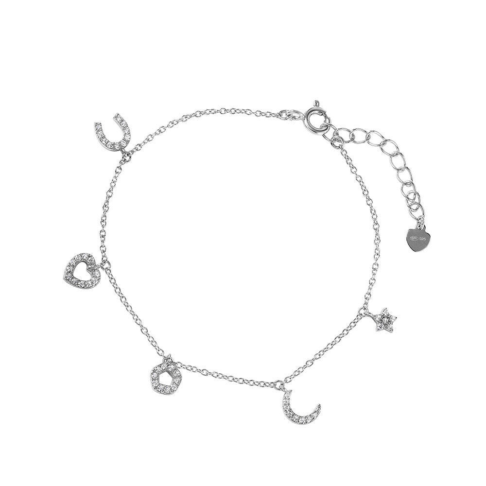 Sterling Silver Rhodium Plated CZ Charm Bracelet